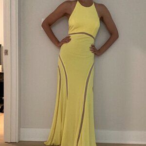 Yellow Gown with Mesh Cut Out Detail